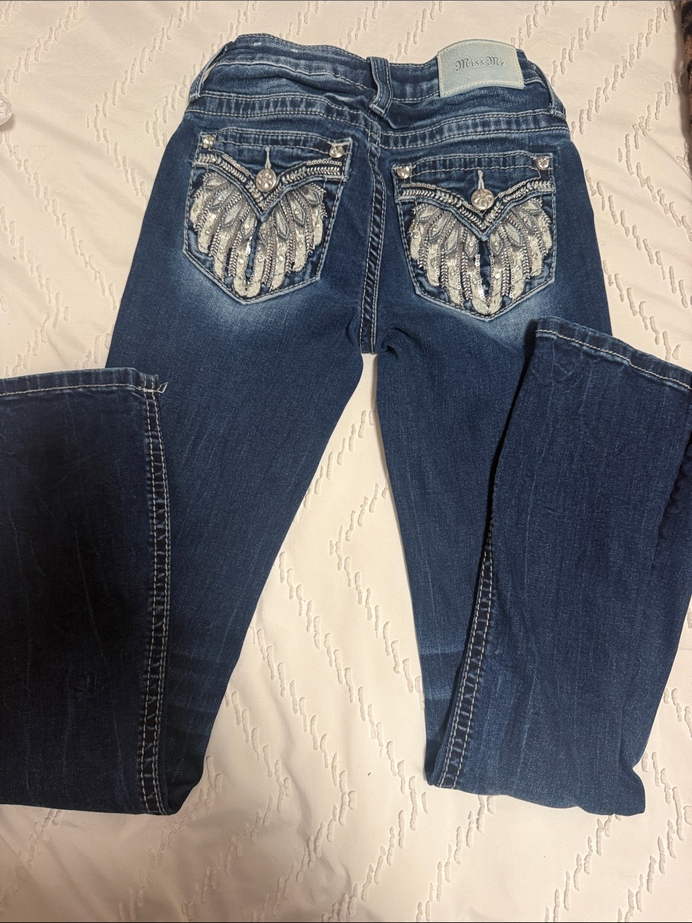 Miss Me Dark Blue Boot Cut Jeans with Embellished Silver Pockets